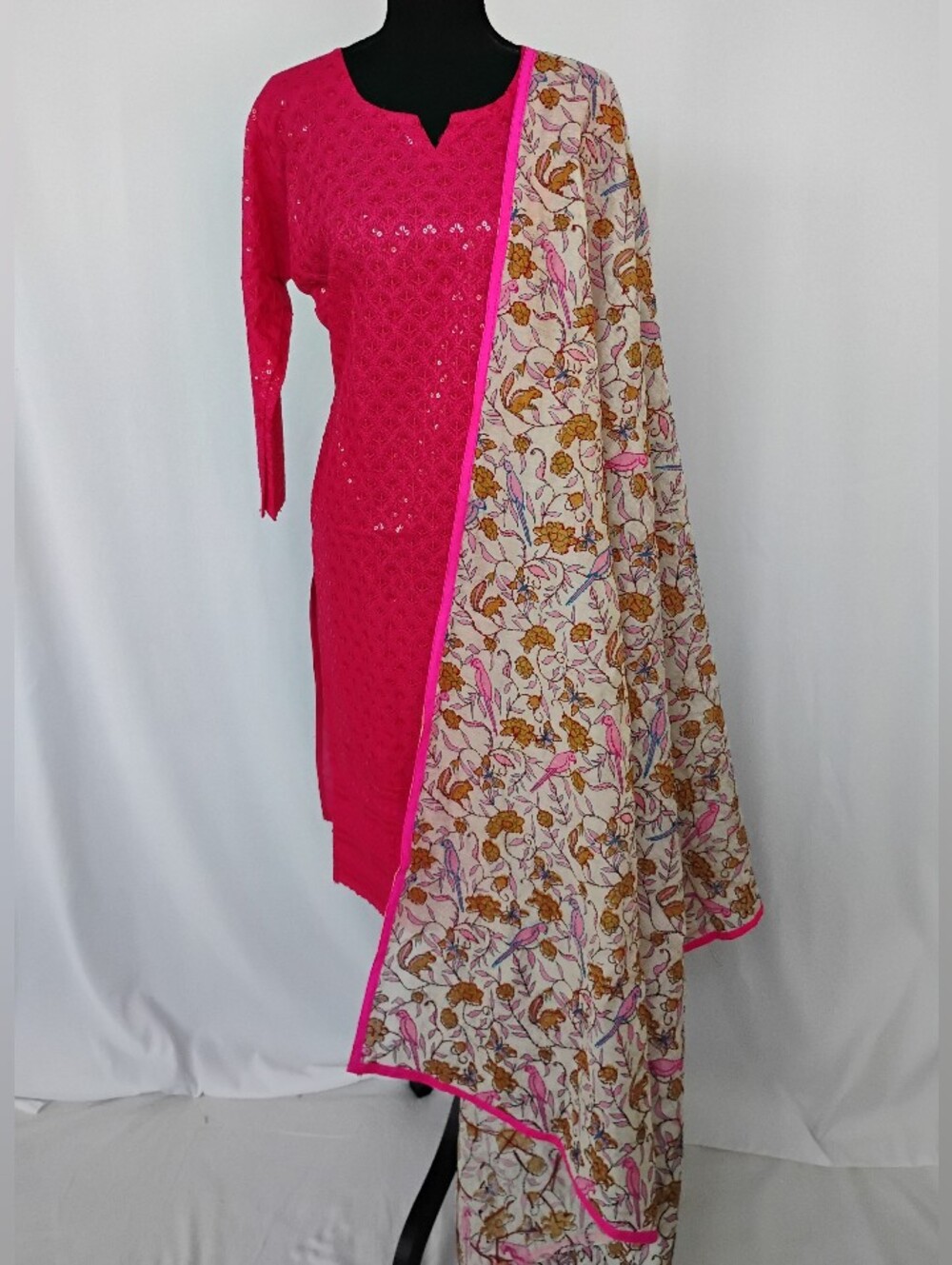 Chikankari cotton kurta with sequins and embroidered silk phulkari Dupat…